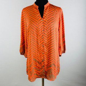 Liz Claiborne Womens XS Polyester Orange Taupe Zig Zag Print Button Down Shirt